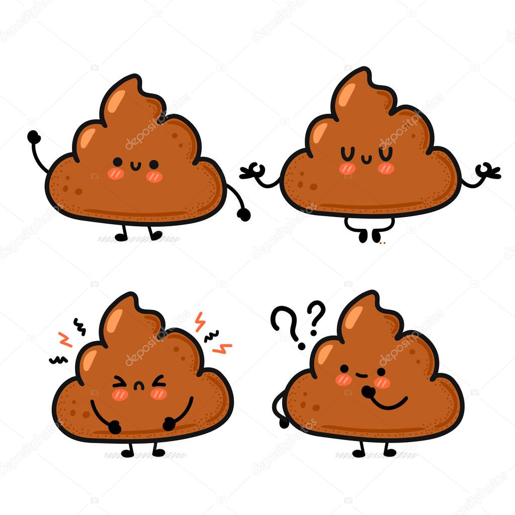 Cute funny smile happy and sad poop set collection. Vector hand drawn cartoon kawaii character illustration icon. Isolated on white background. Funny cartoon poop, shit mascot character bundle concept