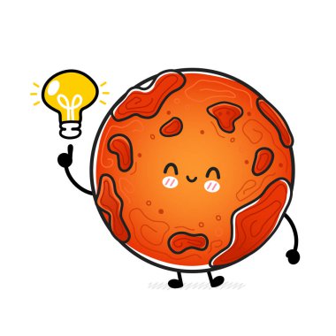 Fikir ampulü olan sevimli, mutlu Mars gezegeni. Vektör el çizimi çizgi film kawaii karakter çizimi simgesi. Beyaz arka planda izole edilmiş. Uzay keşfi, Mars gezegeni evren karakter kavramı