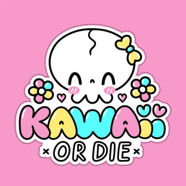 Şirin komik kafatası karakteri. Kawaii ya da öl. Vektör düz çizgi çizgi film Kawaii karakter resimleme simgesi. Kawaii tişört, kart, poster konsepti