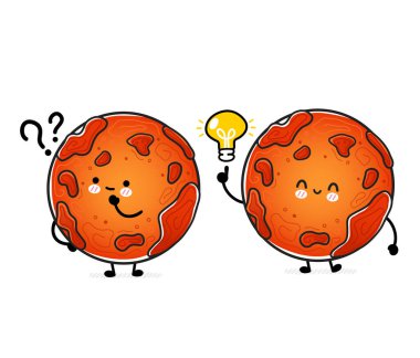 Soru işareti ve fikir ampulü olan sevimli, mutlu Mars gezegeni. Vektör el çizimi çizgi film kawaii karakter çizimi simgesi. Beyaz arka planda izole edilmiş. Uzay, Mars gezegeni kozmos karakteri