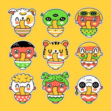 Sevimli komik insanlar kase seti koleksiyonundan erişte yiyorlar. Vektör el çizimi çizgi film kawaii karakter illüstrasyon etiketi seti. Asya yemekleri, Japon çocukları erişte maskot karakter demetleri.