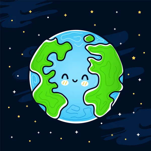 Mignon sourire heureux drôle planète Terre dans l'espace. vecteur dessin à la main dessin animé kawaii personnage icône illustration. Concept de mascotte de Terre dans le cosmos — Image vectorielle