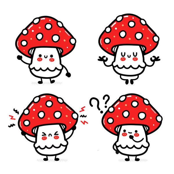 Cute funny happy amanita mushroom set collection. Vector hand drawn cartoon kawaii character illustration icon. Isolated on white background. Funny amanita mushroom mascot character bundle concept — Stock Vector