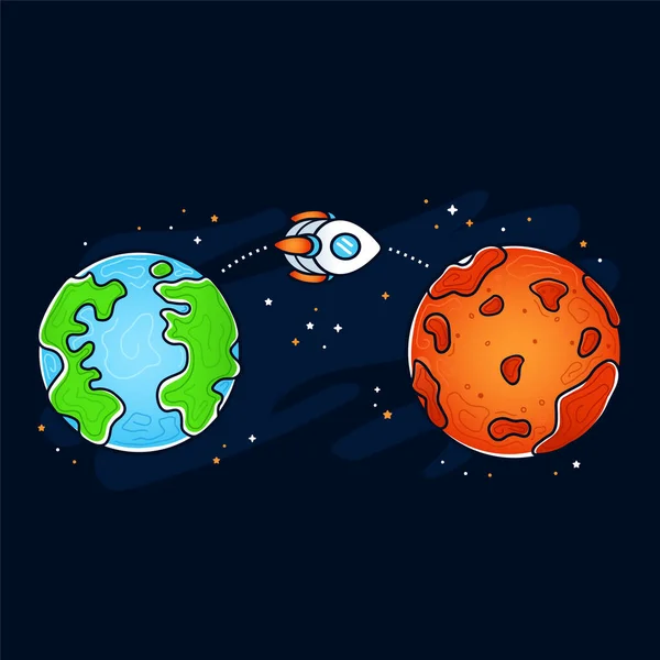 Mars und Erde. Rakete, Raumschiff fliegenden Mission. Vector handgezeichnetes Cartoon Illustration Icon. Raumfahrt, Mars und Erdplaneten-Konzept — Stockvektor