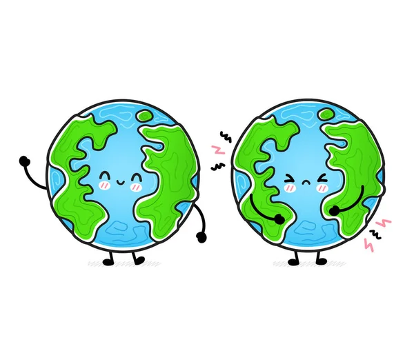 Niedlich lustig glücklich und traurig Erde Planet. Vector handgezeichnete Karikatur Kawaii Charakter Illustration Symbol. Vereinzelt auf weißem Hintergrund. Erdplanet, Ökologie, Öko-Maskottchen-Charakterkonzept — Stockvektor