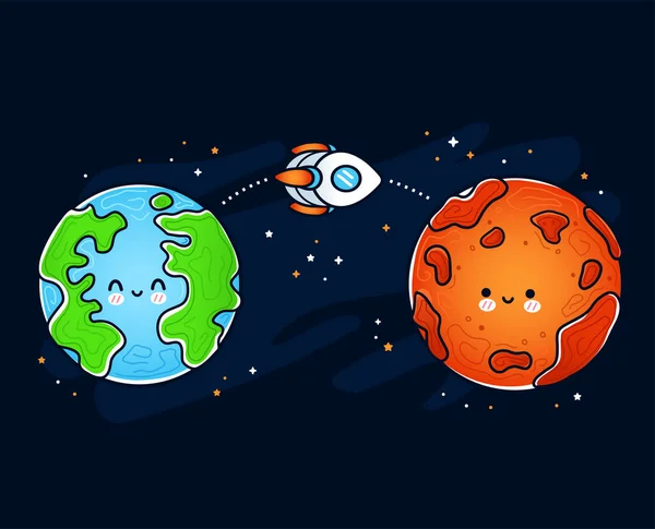 Söt rolig glad Mars och jorden planet. Raket, rymdskepp som flyger uppdrag. Vektor handritad tecknad kawaii tecken illustration ikon. Utforskning av rymden, Mars och jordens karaktär — Stock vektor