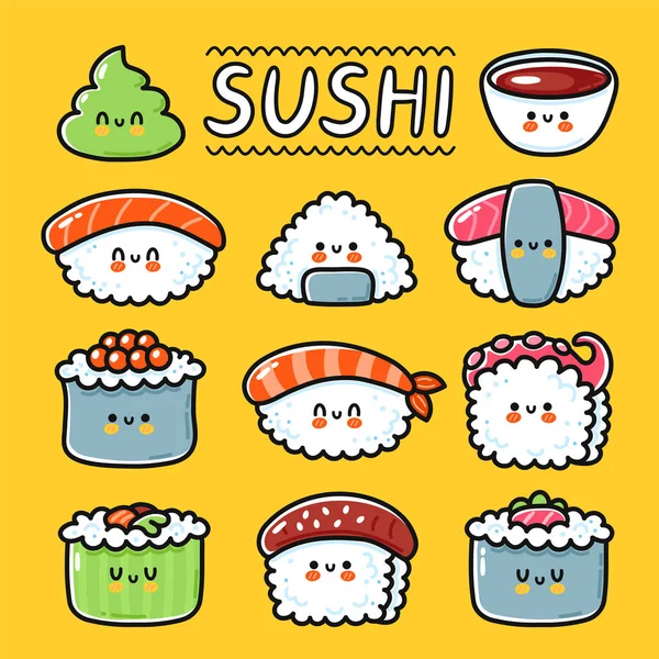 Χαριτωμένο αστείο χαρούμενο σούσι, maki, ρολά καρτούν συλλογή χαρακτήρων σύνολο. Εικονίδιο εικονογράφησης χαρακτήρων vector hand drawed line kawaii. Cartoon Kawaii χαριτωμένο σούσι, ασιατικό εστιατόριο τροφίμων έννοια μενού — Διανυσματικό Αρχείο