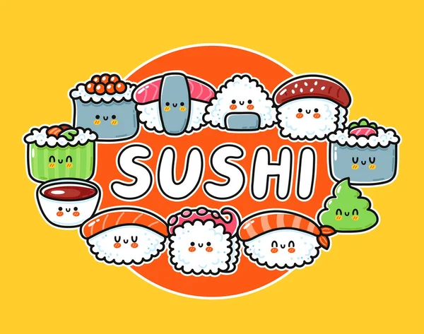 Sushi tecknad logotyp design. Söt rolig sushisamling. Vektor hand dras linje kawaii tecken illustration ikon. Asiatisk mat logotyp mall, tecknad kort, affisch koncept — Stock vektor