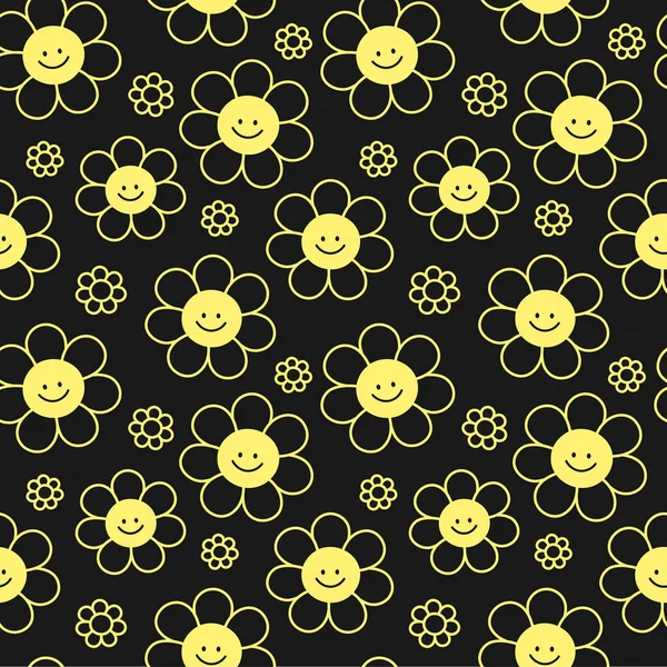 Leuke grappige glimlach bloemen op zwarte achtergrond naadloos patroon. Vector platte cartoon kawaii karakter illustratie pictogram ontwerp. Positieve glimlach bloemen naadloos patroon concept — Stockvector