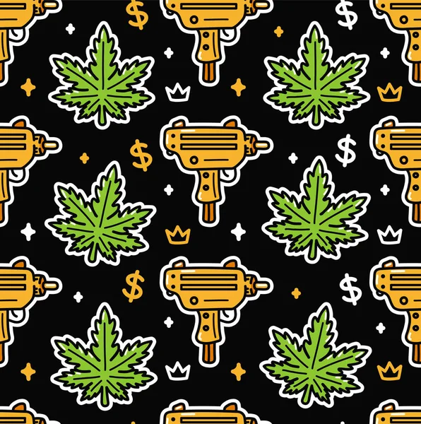 Weed Leafs und goldene Maschinenpistole nahtlose Muster. Vector cartoon illustration icon design. Cannabis, Pistole, Dollar-Bargeldsymbol nahtloses Musterkonzept — Stockvektor