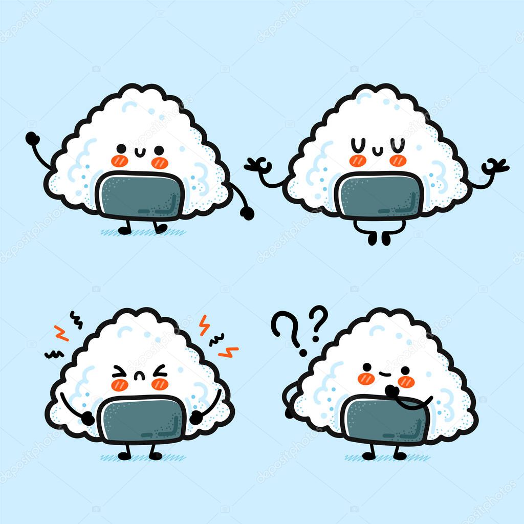 Cute funny onigiri set collection. Vector hand drawn cartoon kawaii character illustration icon. Onigiri, asian rice and nori food, sushi mascot cartoon character bundle concept