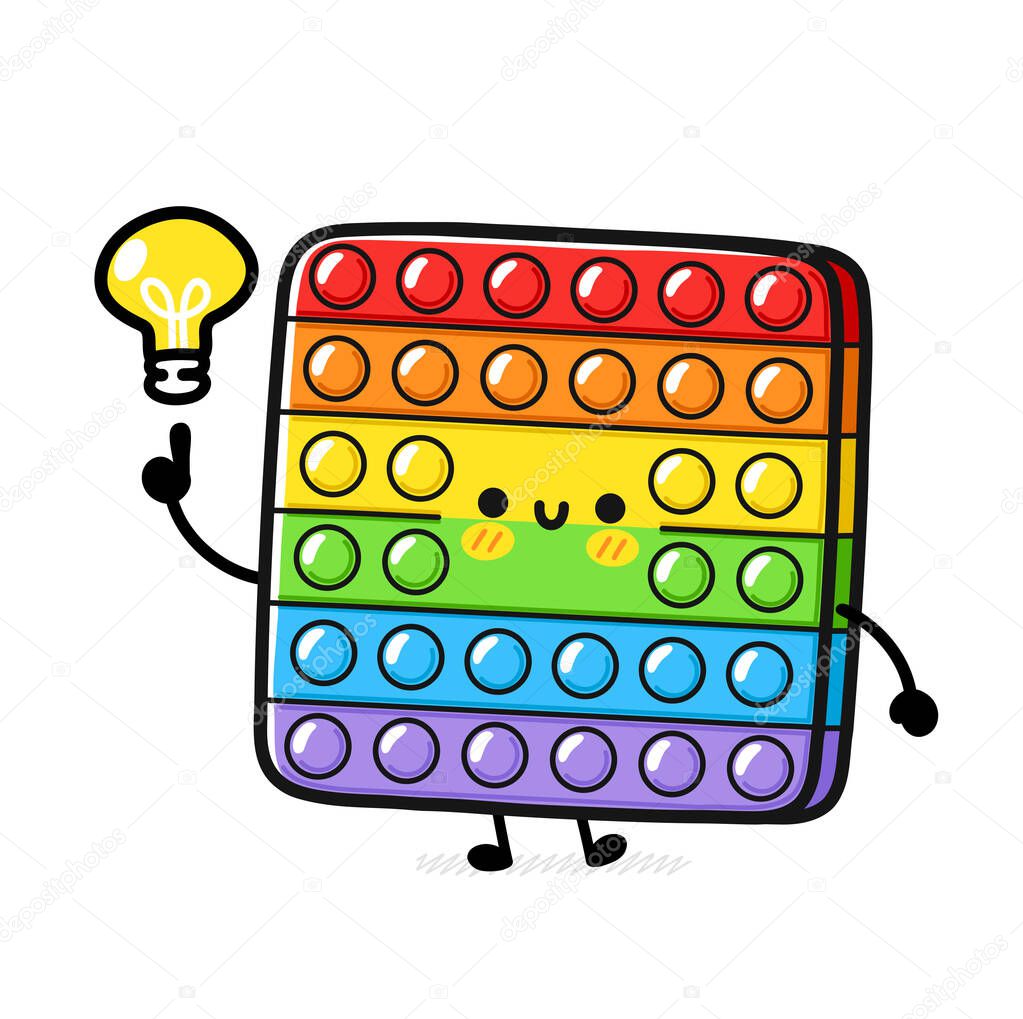 Cute funny Pop it fidget sensory toy with idea light bulb. Vector hand drawn cartoon kawaii character illustration. Pop it fidget kids sensory toy doodle cartoon character concept