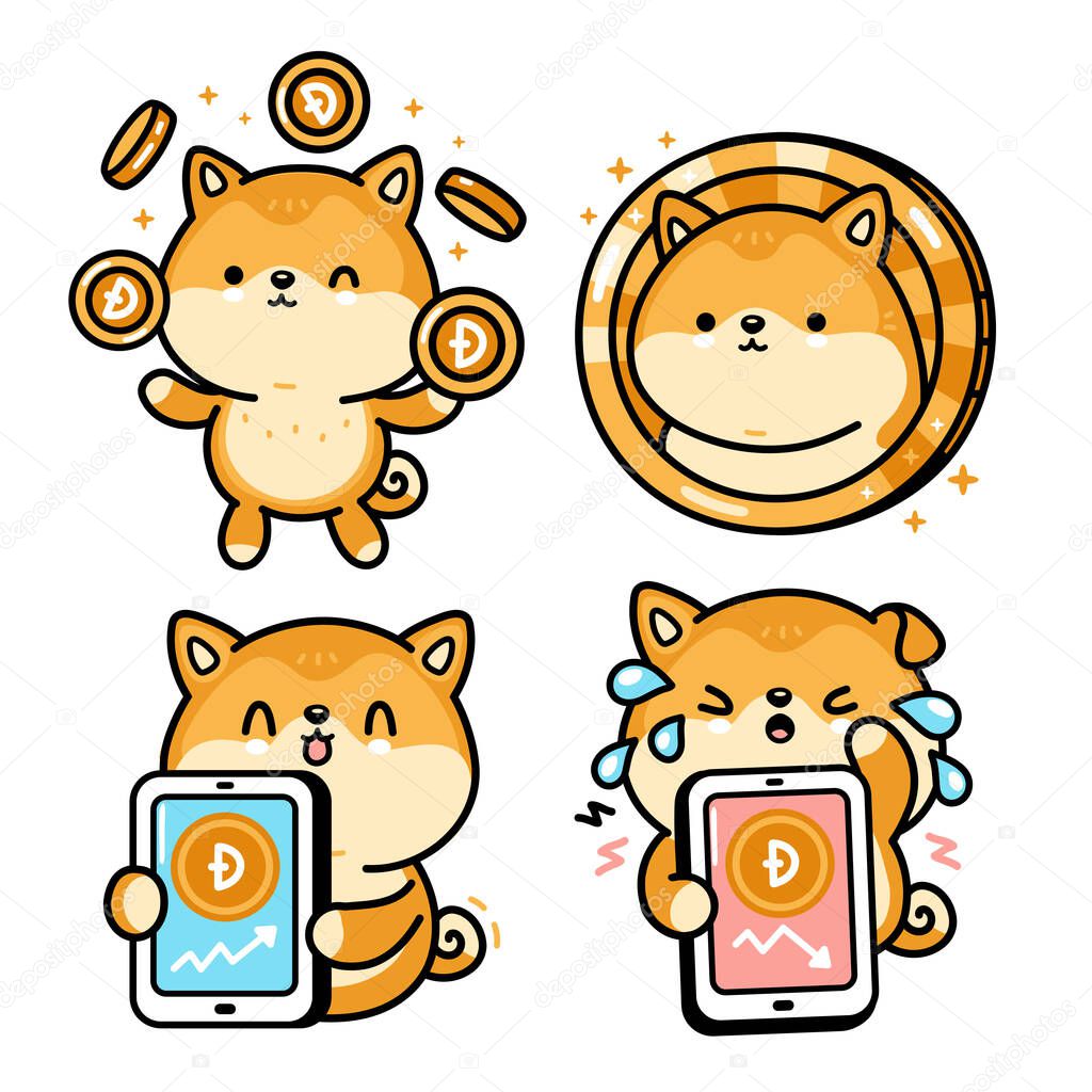 Cute funny akita inu dog with Dogecoin character. Vector hand drawn cartoon kawaii character illustration. Crypto currency, dogecoin up and falling in charts character