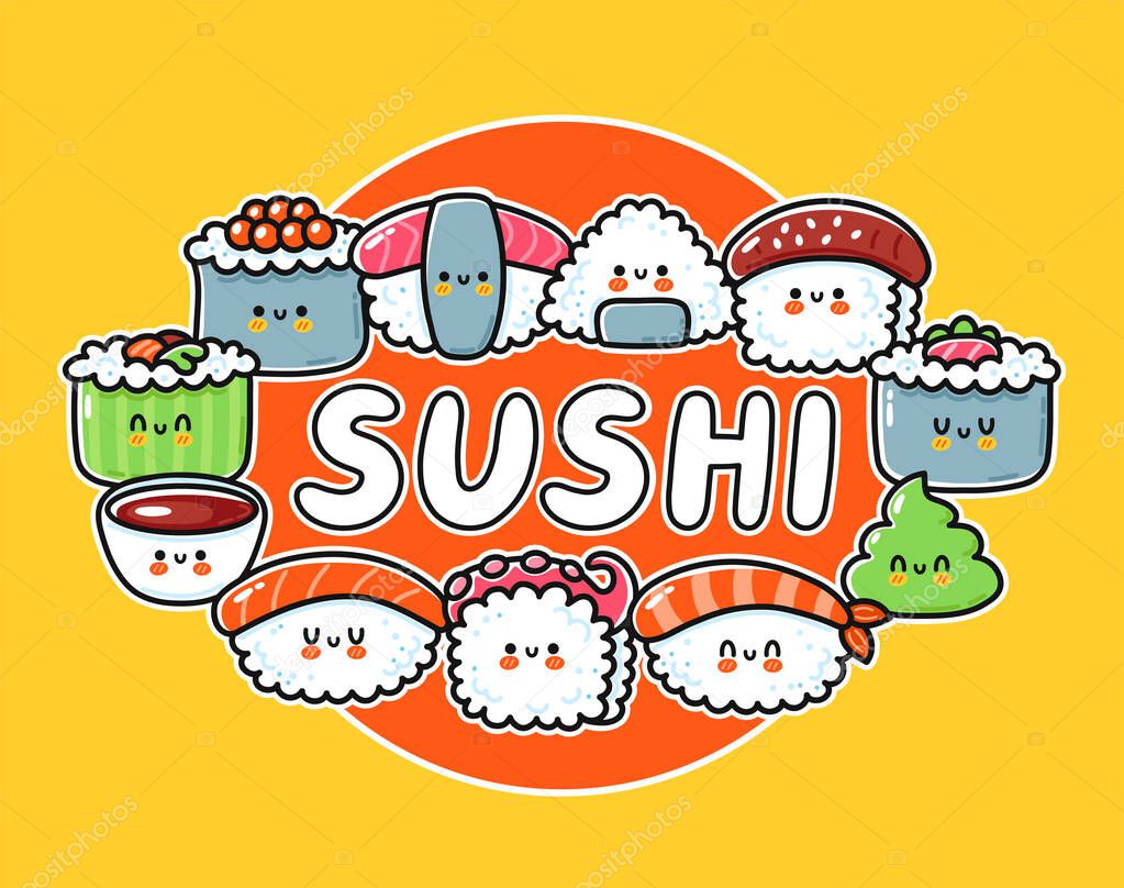 Sushi cartoon logo design. Cute funny sushi set collection. Vector hand drawn line kawaii character illustration icon. Asian food logo template, cartoon card, poster concept