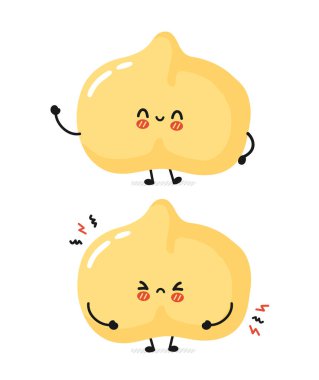 Sevimli, üzgün ve mutlu nohut fasulyesi karakteri. Vektör düz çizgi film kawaii karakter çizim simgesi. Beyaz arka planda izole edilmiş. Nohut, fasulye çizgi film karakteri konsepti