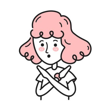 Genç bir kadın kollarını kavuşturuyor ve hareket yok diyor. Vektör karikatür karakteri çizimi. Beyaz arka planda izole edilmiş. X şekli yapan kız, dur işareti ve negatif ifade