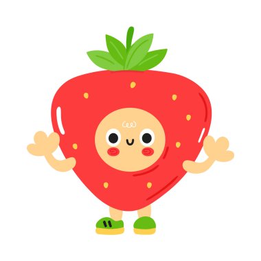 Bebek yüzlü şirin, komik çilek. Vektör çizgi film kawaii karakter çizimi çocuk emoji ikonu. Beyaz arka planda izole edilmiş. Çilek çocuk posteri, karikatür karakteri konsepti