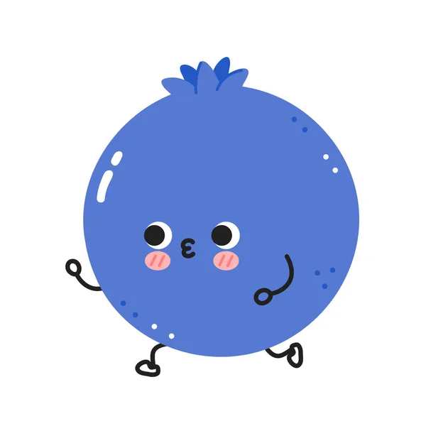 Giro engraçado mirtilo corrida de corrida de frutas. Vetor linha plana desenho animado ícone de ilustração personagem kawaii. Isolado em fundo branco. Blueberry berry treino, esporte, fitness, cardio executar conceito de personagem —  Vetores de Stock