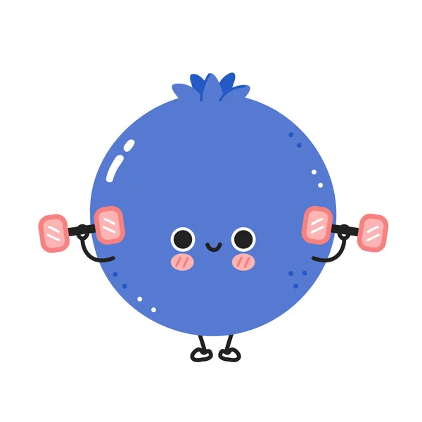 Lindo arándano divertido bayas hacer gimnasio con pesas. Icono de ilustración de personaje kawaii de línea plana vectorial. Aislado sobre fondo blanco. Blueberry berry entrenamiento dibujo animado concepto de personaje — Vector de stock