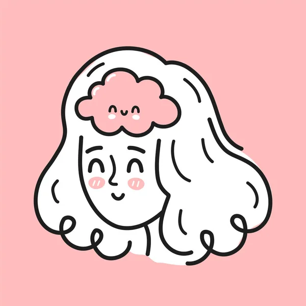 Linda cabeza de mujer con cerebro feliz dentro. Buen humor, salud mental, concepto emocional. Icono de ilustración de personajes de dibujos animados vectoriales. Aislado sobre fondo blanco. Chica, mujer en armonía mental — Archivo Imágenes Vectoriales