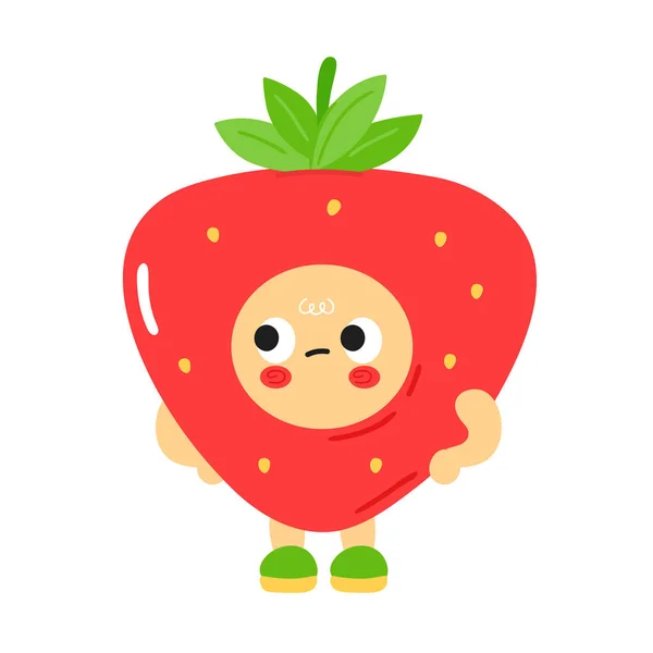 Leuke grappige trieste verveelde aardbei met baby gezicht. Vector cartoon kawaii karakter illustratie kinderen emoji icoon. Geïsoleerd op witte achtergrond. Aardbei kind poster, kaart tekenfilm karakter concept — Stockvector