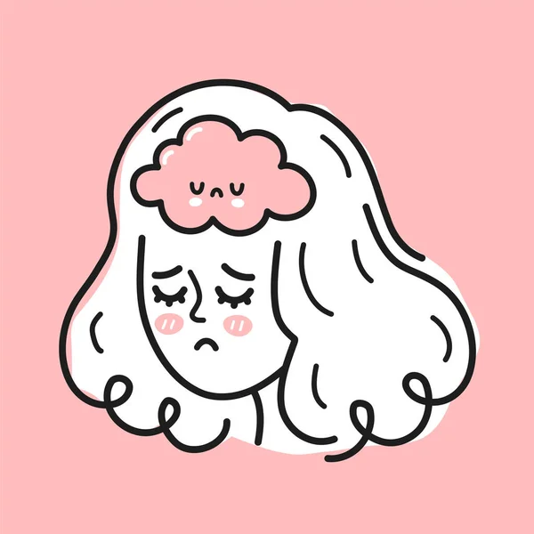 Linda cabeza de mujer con el cerebro triste dentro. Mujer chica de mal humor, mental, condición emocional concepto de problema. Vector dibujado a mano icono de ilustración de personajes de dibujos animados. Trastorno bipolar, concepto de depresión — Archivo Imágenes Vectoriales