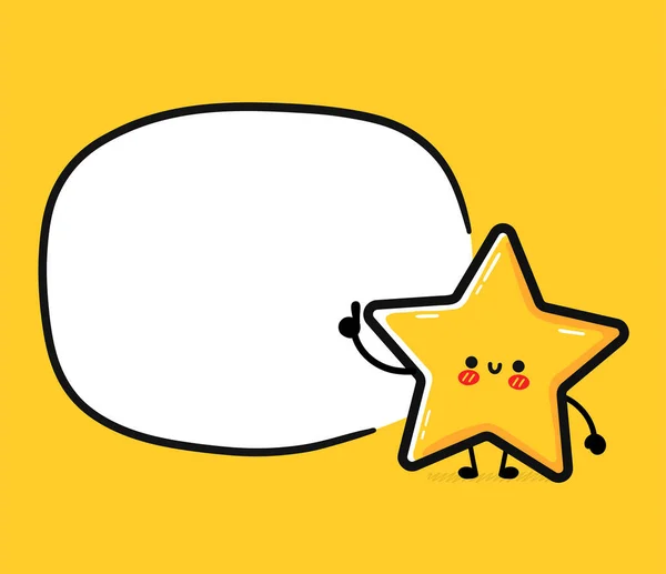 Lindo personaje divertido signo de estrella feliz con cuadro de texto. Vector dibujado a mano caricatura kawaii carácter icono de la ilustración. Símbolo de clasificación de estrellas, revisión doodle carácter concepto — Vector de stock