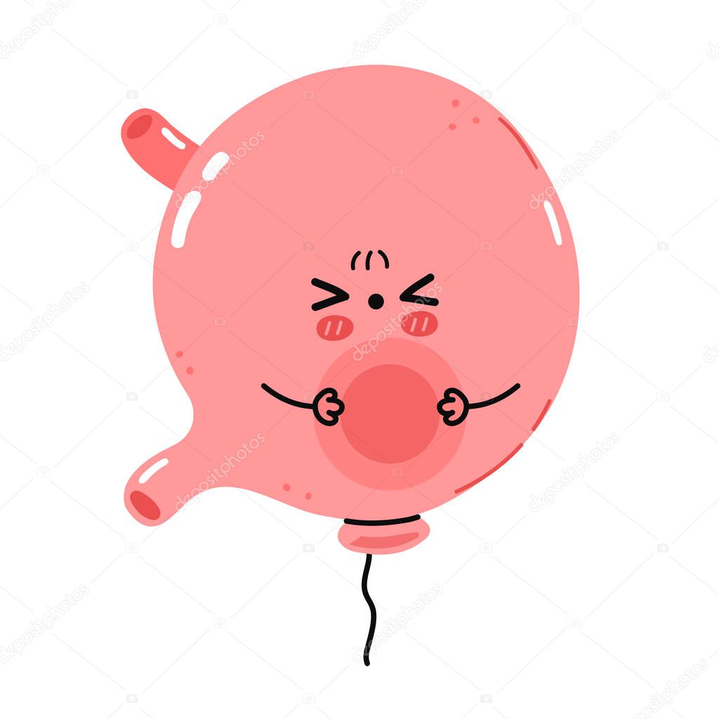 Cute sad sick funny stomach organ character abdominal bloated. Vector flat cartoon kawaii character illustration icon. Isolated on white background. Stomach feeling bloated cartoon character concept