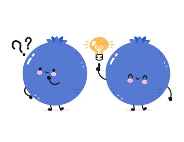 Şirin mutlu gülümseme. Sorusu olan komik yabanmersini. Vektör düz çizgi çizgi film Kawaii karakter çizim ikonuyla karşı karşıya. Beyaz arka planda izole edilmiş. Yaban mersini çizgi film bebek maskotu karakter konsepti