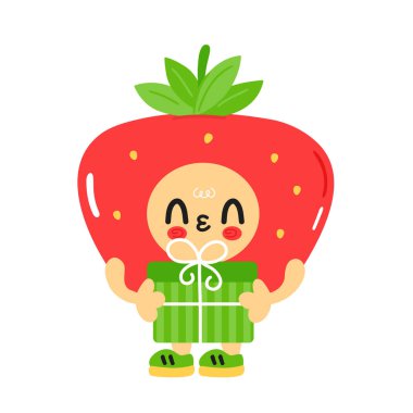 Bebek yüzlü şirin, komik çilek. Vektör çizgi film kawaii karakter çizimi çocuk emoji ikonu. Beyaz arka planda izole edilmiş. Çilek çocuk posteri, karikatür karakteri konsepti