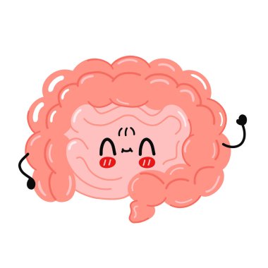 Sevimli komik bağırsak organı karakteri. Vektör el çizimi çizgi film kawaii karakter çizimi simgesi. Beyaz arka planda izole edilmiş. İnsan bağırsağı organı, çizgi film karakteri konsepti