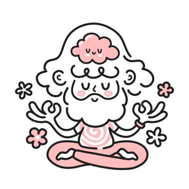 İçinde mutlu bir beyin olan tatlı meditasyon yapan hippi adam. Vektör çizgi film karakteri çizim simgesi. Beyaz arka planda izole edilmiş. Adam, zihinsel uyum, meditasyon, farkındalık konsepti.