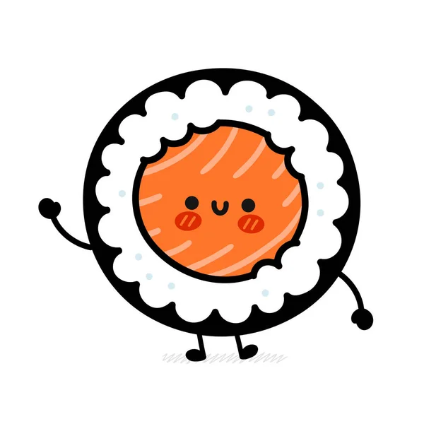 Lindo personaje divertido rollo de sushi. Vector plano de dibujos animados kawaii carácter icono de la ilustración. Aislado sobre fondo blanco. sushi roll, maki, comida asiática dibujos animados carácter concepto — Archivo Imágenes Vectoriales