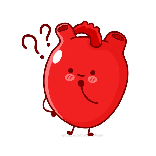 Carino divertente organo del cuore umano con punto interrogativo. Vettore linea piatta doodle cartone animato kawaii personaggio illustrazione. Isolato su sfondo bianco. Organo del cuore umano, anatomia cartone animato mascotte personaggio concetto — Vettoriale Stock