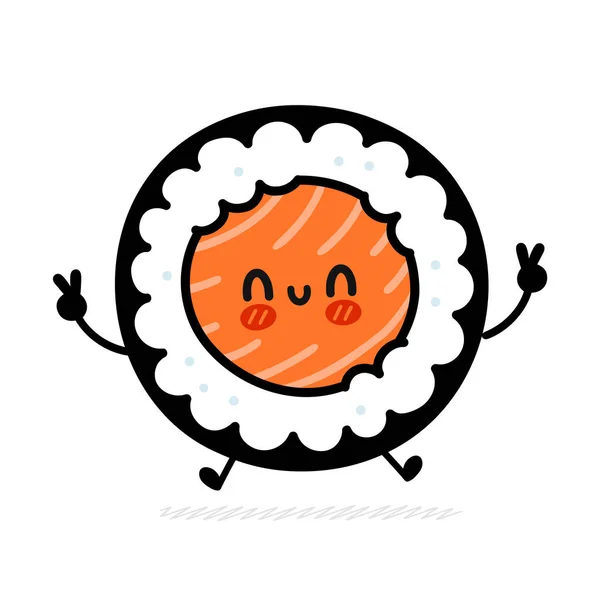 Roztomilý legrační sushi roll charakter skok. Vektorové ploché kreslené kawaii znak ilustrace ikona. Izolované na bílém pozadí. Sushi roll, maki, asijské jídlo kreslený charakter koncept — Stockový vektor