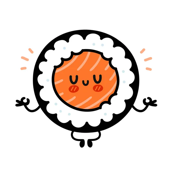 Lindo divertido personaje de sushi roll meditar. Vector plano de dibujos animados kawaii carácter icono de la ilustración. Aislado sobre fondo blanco. sushi roll, maki, comida asiática dibujos animados carácter concepto — Vector de stock