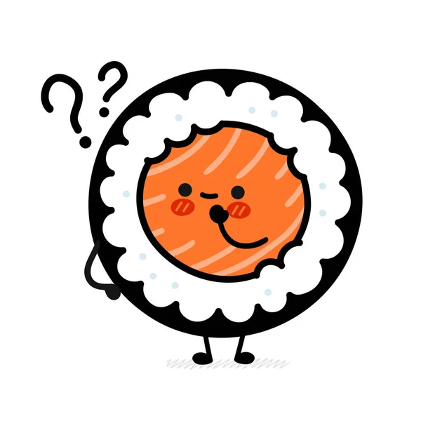 Lindo personaje divertido rollo de sushi con signos de interrogación. Vector plano de dibujos animados kawaii carácter icono de la ilustración. Aislado sobre fondo blanco. sushi roll, maki, comida asiática dibujos animados carácter concepto — Archivo Imágenes Vectoriales