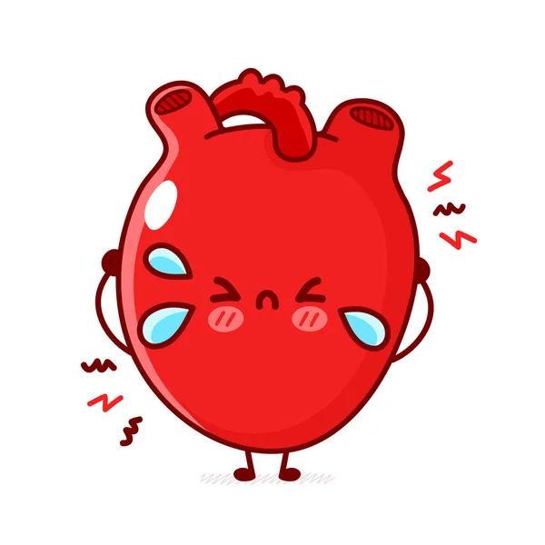 슬프게 우는 인간의 심장 기관이지. Vector flat line doodle 만화 kawaii 캐릭터 삽화. 하얀 배경에 고립되어 있습니다. 인간의 아픈 심장 기관, 공격, 위험 만화 마스코트 캐릭터 개념 — 스톡 벡터