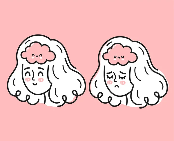 Linda cabeza de mujer joven con cerebro triste y feliz en el interior. Buen y mal humor, concepto de condición mental y emocional. Icono de ilustración de personajes de dibujos animados vectoriales. Chica trastorno bipolar, concepto de depresión — Archivo Imágenes Vectoriales