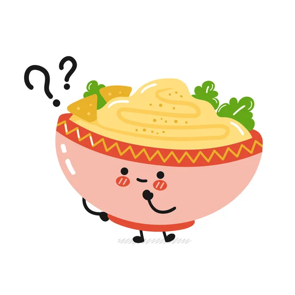 Leuke grappige traditionele hummus kom karakter met vraag. Vector platte cartoon kawaii teken illustratie pictogram. Geïsoleerd op witte achtergrond. Hummus kom, Arabisch voedsel cartoon karakter concept — Stockvector