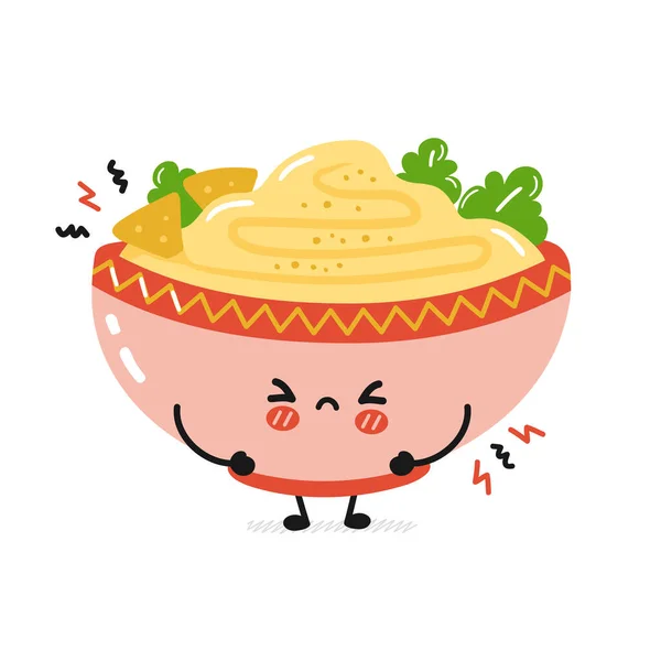 Schattig zielig grappig traditioneel hummus bowl karakter. Vector platte cartoon kawaii teken illustratie pictogram. Geïsoleerd op witte achtergrond. Hummus kom, traditionele Arabische voedsel cartoon karakter concept — Stockvector