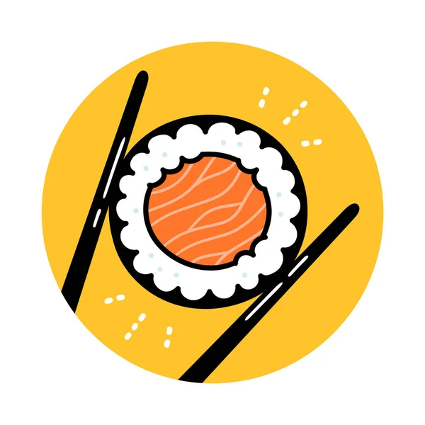 Palillos con rollo de sushi. Vector dibujado a mano de dibujos animados garabato ilustración icono del logotipo vintage. Sushi maki roll con salmón, palillos, comida asiática restaurante logo concepto — Archivo Imágenes Vectoriales