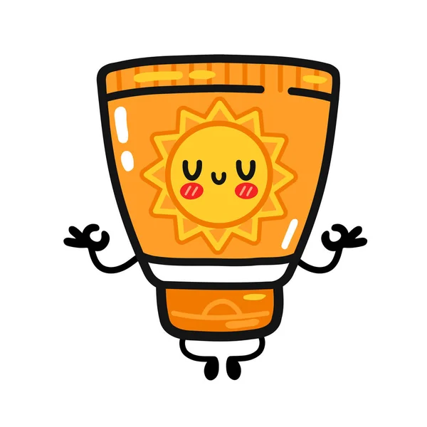 Lindo tubo de suscreen divertido meditar. Icono de ilustración de personaje kawaii de línea plana vectorial. Aislado sobre fondo blanco. Protector solar, protección solar crema cuidado, protector solar pantalla carácter concepto — Vector de stock