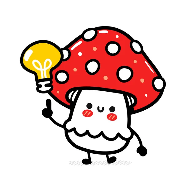 Cute zabawny grzyb amanita szczęśliwy z żarówki pomysł. Wektor ręcznie rysowane kreskówki ikona postaci kawaii ilustracji. Odizolowany na białym tle. Śmieszne amanita grzyb maskotka postać koncepcja — Wektor stockowy