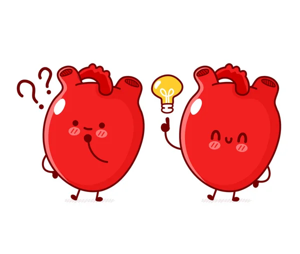 Carino divertente organo cuore umano con punto interrogativo e idea lampadina. Linea vettoriale doodle cartone animato kawaii personaggio illustrazione. Isolato su sfondo bianco. Cuore umano organo cartone animato concetto di mascotte — Vettoriale Stock