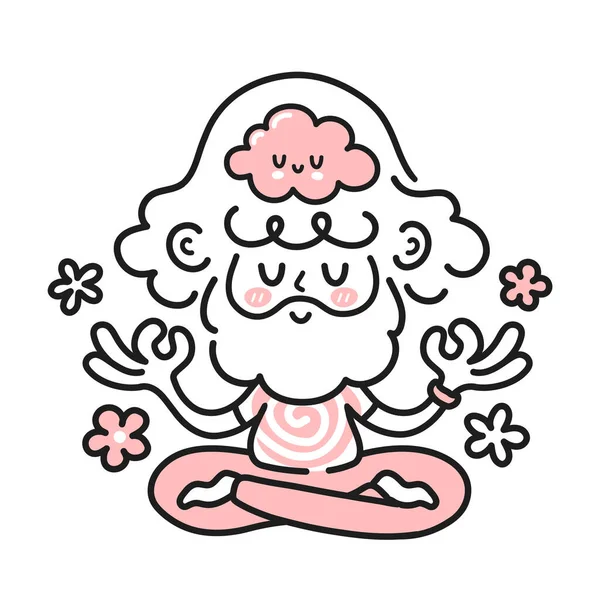 Lindo hombre hippie meditando con cerebro feliz dentro. Icono de ilustración de personajes de dibujos animados vectoriales. Aislado sobre fondo blanco. Hombre, hombre en armonía mental, meditación, concepto de atención plena — Vector de stock