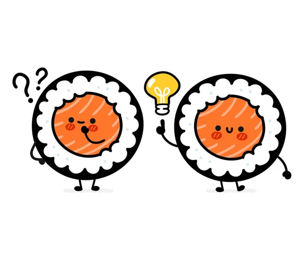 Aranyos vicces sushi roll karakter ötlet villanykörte és kérdés. Vektor lapos rajzfilm kawaii karakter illusztráció ikon. Elszigetelve, fehér háttérrel. Sushi tekercs, maki, ázsiai élelmiszer rajzfilm koncepció — Stock Vector