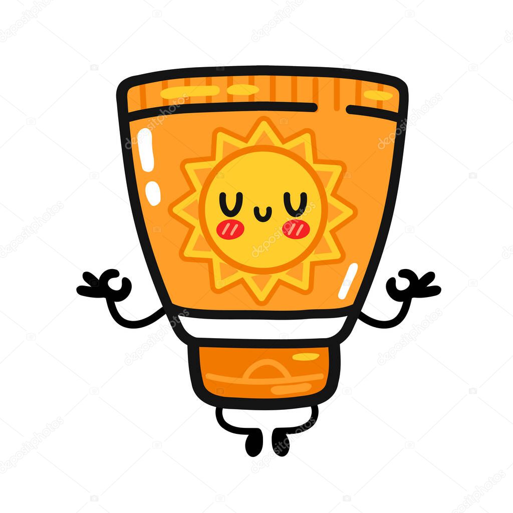 Cute funny suscreen tube meditate. Vector flat line cartoon kawaii character illustration icon. Isolated on white background. Sunscreen, sun protection cream care,sunblock screen character concept