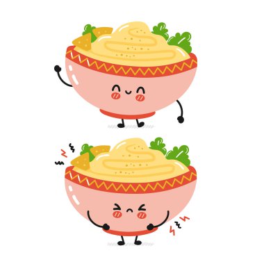 Sevimli komik, üzgün ve mutlu geleneksel humus kasesi karakteri. Vektör düz çizgi film kawaii karakter çizim simgesi. Beyaz arka planda izole edilmiş. Humus kasesi, Arap yemek çizgi film karakteri konsepti.