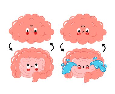 Sevimli, neşeli, üzgün insan bağırsağı, beyin bağlantısı. Beyaz arka planda izole edilmiş vektör çizgi film karakteri illüstrasyon ikonu. Beyin, bağırsak partnerleri, sinir karikatürü karakter kavramı.